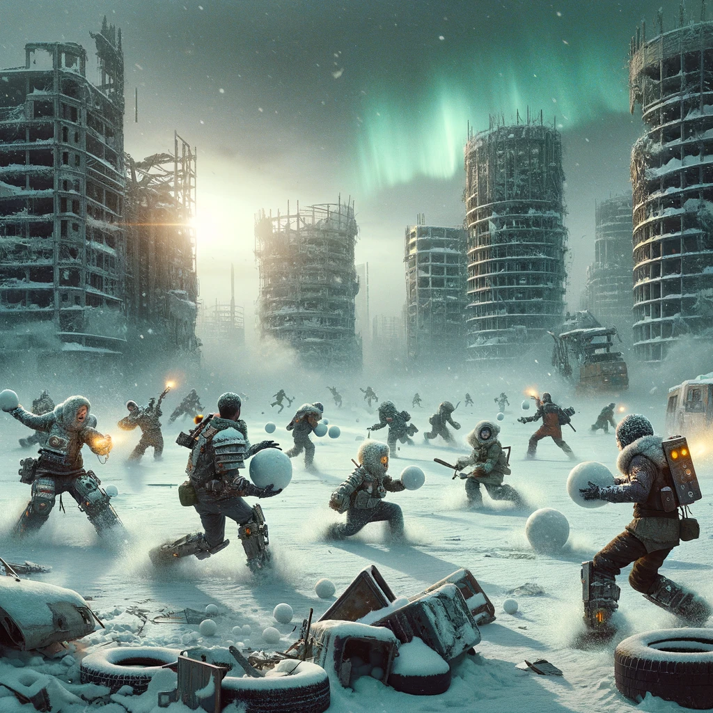 DALL·E 2024-03-23 14.53.41 - An image depicting a dystopian snowball fight set in a bleak, futuristic cityscape. The scene is filled with ruins of modern buildings, covered in sno.webp